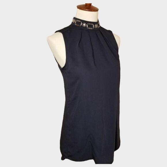 H&M Sleeveless Mock Neck Dress Blouse Dark Navy Blue Size 6 Beaded Neck - Picture 2 of 6